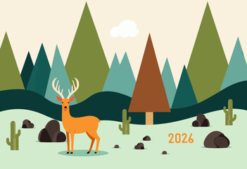 Illustrated Scene Featuring a Deer Standing Near Trees and Rocks with Geometric Mountain Background and Year 2026 in Natural Landscape