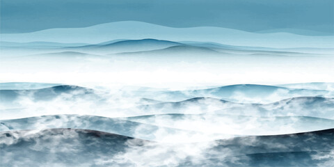 Abstract watercolor depiction of ocean waves in calming blue tones. rolling hills shrouded in fog, soft focus background, overcast sky creating a serene atmosphere.Beautiful seascape with waves.