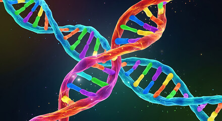 Vibrant intertwined DNA helices glow against a dark gradient, evoking molecular wonder!! in neon hue