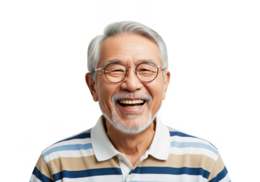 Smiling elderly asian man with glasses isolated on transparent background