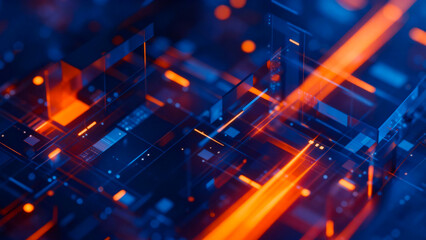 Abstract digital art with glowing orange lines and blue geometric shapes creating a futuristic energetic background