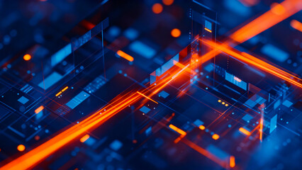 Abstract glowing orange lines and blue digital circuit board patterns create a futuristic technological background