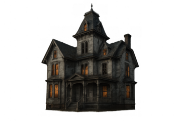 Spooky victorian haunted house with glowing windows and dark exterior, representing fear and halloween horror concept