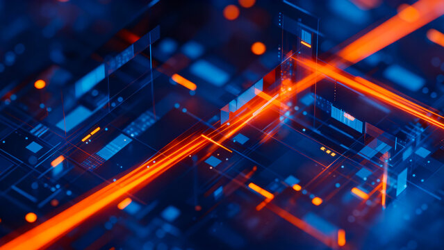 Abstract glowing orange lines and blue digital circuit board patterns create a futuristic technological background