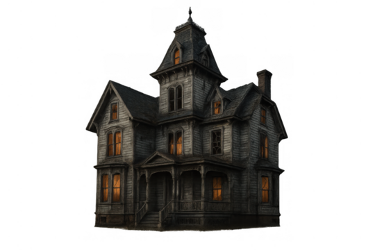 Spooky victorian haunted house with glowing windows and dark exterior, representing fear and halloween horror concept