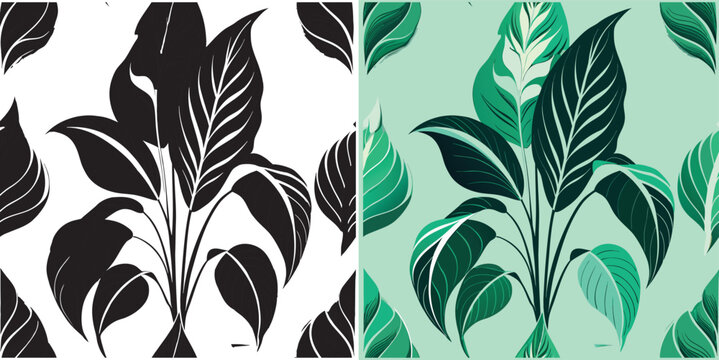 Charming tropical leaf pattern in black and white and serene greens, perfect for sophisticated wallpaper, fabric, or branding projects