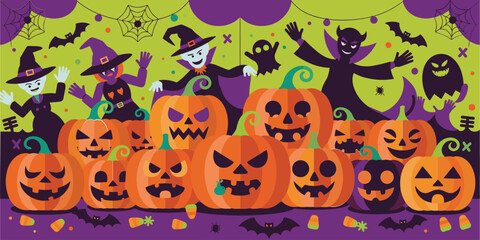 Halloween characters and jack o lanterns on a green and purple background pumpkin