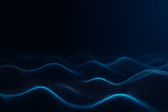 Abstract digital wave pattern with blue glowing dots, dark background.