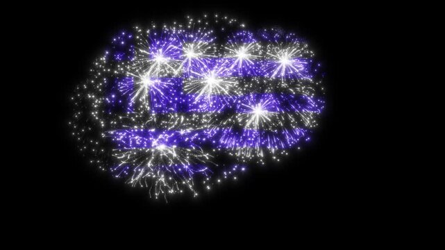 Greece Flag Fireworks Animation — Greek National Day Celebration Fireworks Overlay — Tricolor Blue and White Flag Shape Pyrotechnics — Patriotic Fireworks Effect on Black Background