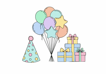 Illustration depicting a birthday celebration with balloons, gifts, and a party hat.