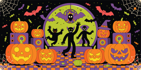 Halloween party scene with jack o lanterns bats and disco ball pumpkin