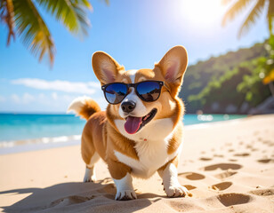 Happy corgi dog enjoying beach vacation wearing sunglasses with transparent background