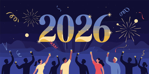 People celebrating new year 2026 with fireworks and confetti celebration party