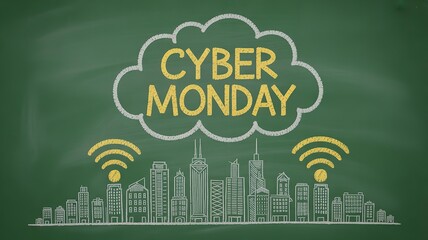 Cyber monday cloud and cityscape with wi fi signals