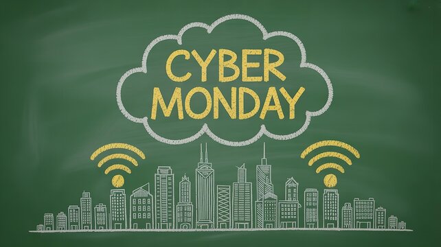 Cyber monday cloud and cityscape with wi fi signals