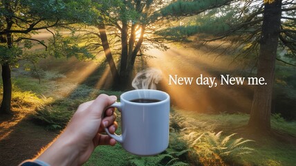 Sunrise coffee in a forest with inspiring message