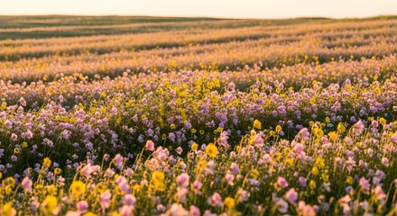 Fototapeta premium A wide meadow filled with colorful wildflowers under a warm sunset sky, radiating natural beauty.