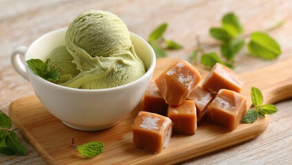 Matcha ice cream with caramel squares