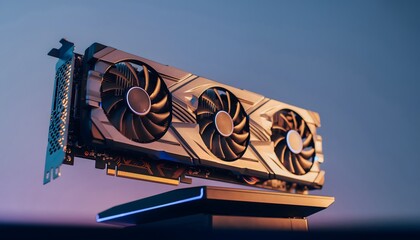 Realistic close-up photo of a high-end graphics card (GPU) installed in a VGA dock