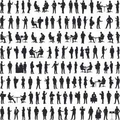 Silhouettes of business people in meetings, presentations, laptop use, gestures, seated and standing poses for corporate illustration design