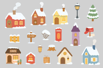 Obraz premium Collection of cozy winter village elements including snowy houses, lanterns, trees, and postboxes, winter village set radiates festive charm and warmth, perfect for Christmas cards, posters
