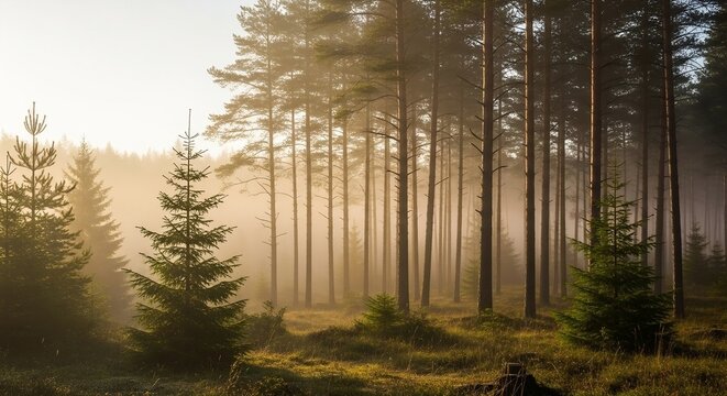 A misty forest bathed in soft golden light, capturing the ethereal beauty of nature at dawn.