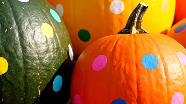 Colorful pumpkins decorated with polka dots