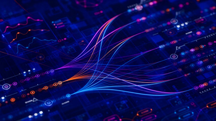 Abstract flowing neon light trails and bokeh dots against a dark blue background representing technology and data