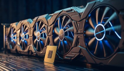 Realistic close-up photo of a high-end graphics card (GPU) installed in a VGA dock