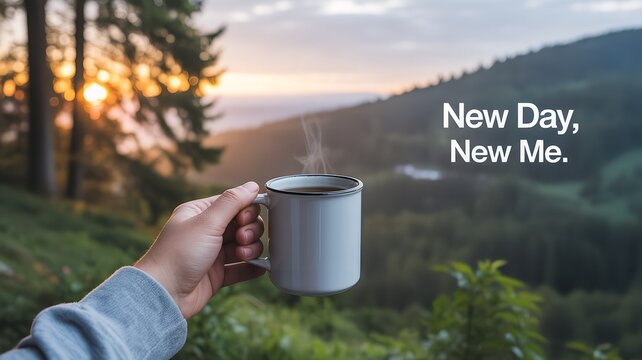 Sunrise coffee in the mountains with inspiring quote - Powered by Adobe