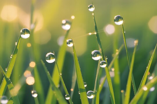 Close-up of fresh green grass with dew drops reflecting sunlight and soft bokeh background macro nature
