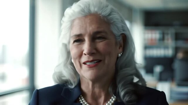 Closeup of a mature businesswoman with elegant gray hair wearing a dark suit and pearl necklace speaking with a serious and engaged expression in a professional indoor setting conveying experience an.
