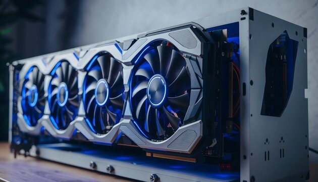 Realistic close-up photo of a high-end graphics card (GPU) installed in a VGA dock