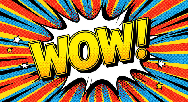 Bold pop-art burst with a yellow WOW! central lettering amid spiky rays, stars, and comic dots. now!