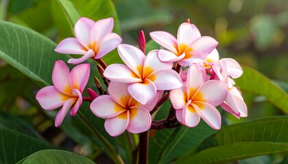 Close-up of Pink Plumeria Flowers in Full Bloom.