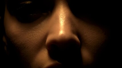 Close Up of Person's Face in Dark Lighting, Mysterious Look, Dramatic