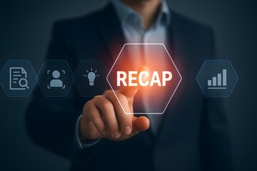 Corporate recap concept with glowing button and surrounding business icons