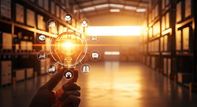 Hand holding a lightbulb with supply chain icons glowing inside suggesting innovation and ideas in logistics and warehouse management
