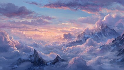High-altitude view of majestic snow-capped mountains, enveloped by soft, pastel clouds at dawn or dusk