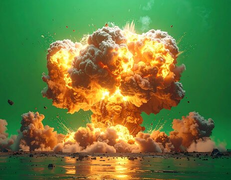 Large, fiery explosion with billowing smoke on a green backdrop
