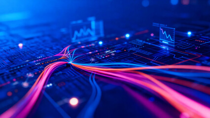 Vibrant neon light trails flowing through a futuristic digital cityscape at night