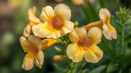 Delicate trumpet shaped yellow and orange flowers blooming in sunlight