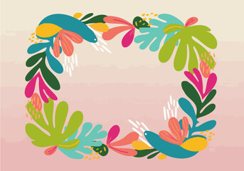 Colorful abstract floral frame with leaves and flowers in shades of blue, green, pink, orange, and yellow against a gradient background.