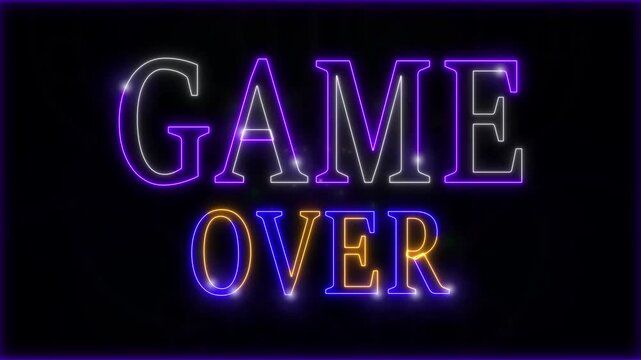 Neon Game Over text stroke light effect animation on black background, 4k video.