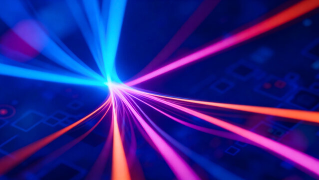Dynamic abstract light streaks in vibrant blue pink and orange radiating from a central point in darkness