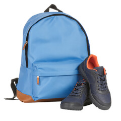 Blue backpack with brown bottom and a pair of navy sneakers with orange details