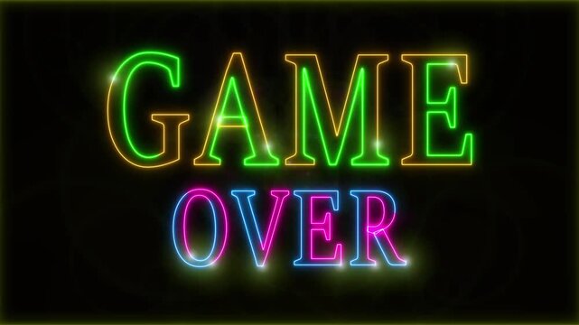 Neon Game Over text stroke light effect animation on black background, 4k video.