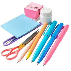 Colorful assortment of stationery items including pens, sticky notes, and scissors on white