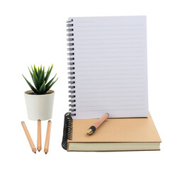 A collection of stationery items including notebooks, a pen, pencils, and a potted plant on a white background.