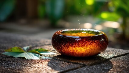 Ornate bowl, water droplet, garden setting